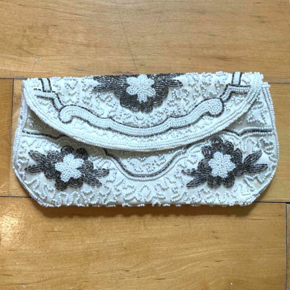 Vintage Walborg Beaded Clutch Bag Made in Germany Cream Silver White Mid Century